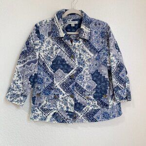 Coldwater Creek Blue Indigo White Paisley Patchwork Jacket 100% Cotton